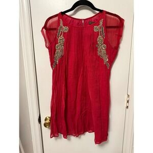 Taurus Red Sheer Embellished Cap Sleeve Dress XL 40